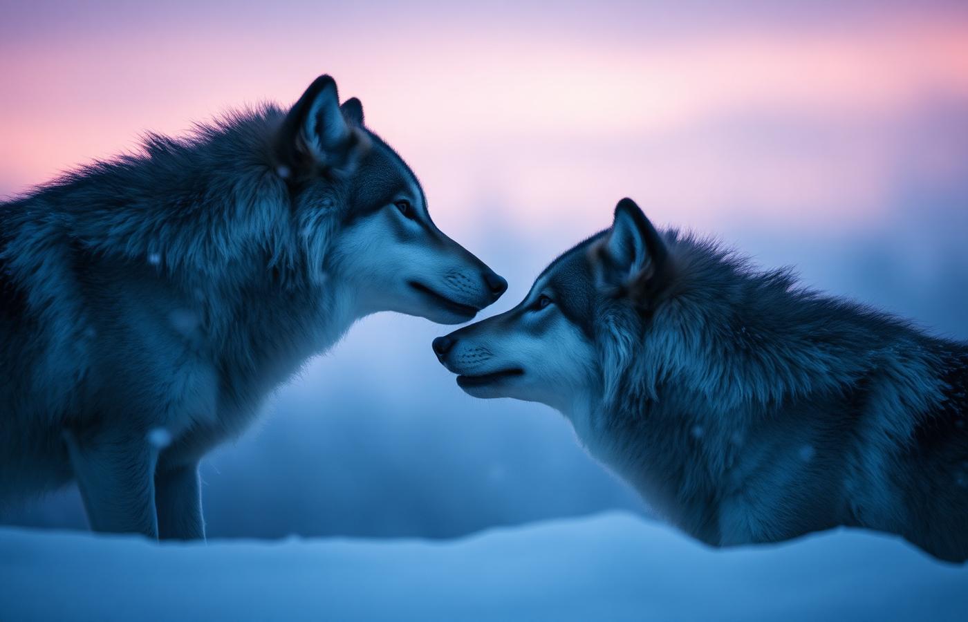 Two wolves nuzzling in the snow